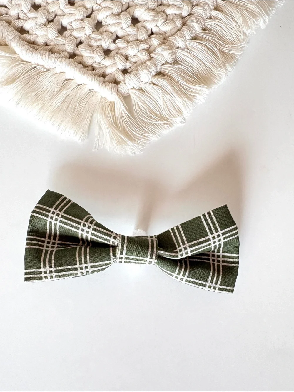 Cream Bandana Set - Collar, Bandana and Green Plaid Bow.